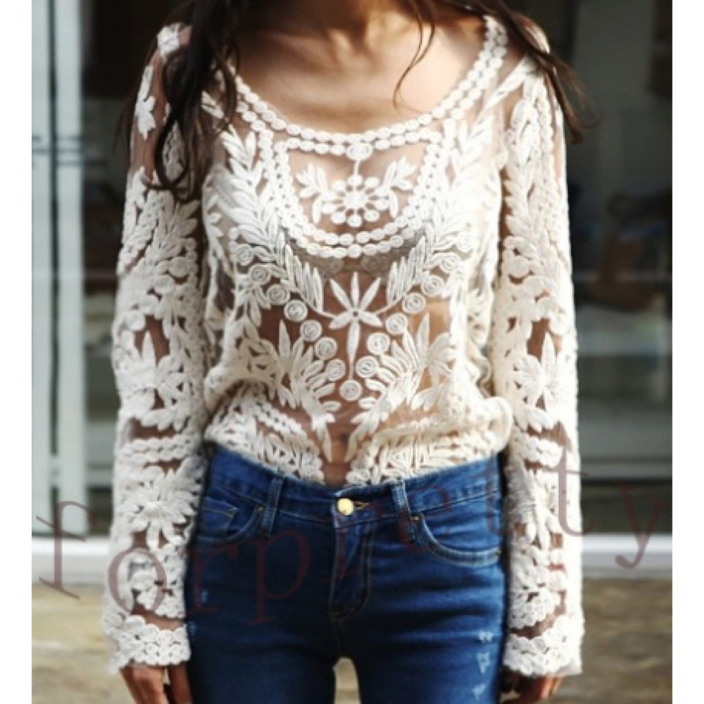 NEW Boho Lace Sheer Ivory Crochet Blouse